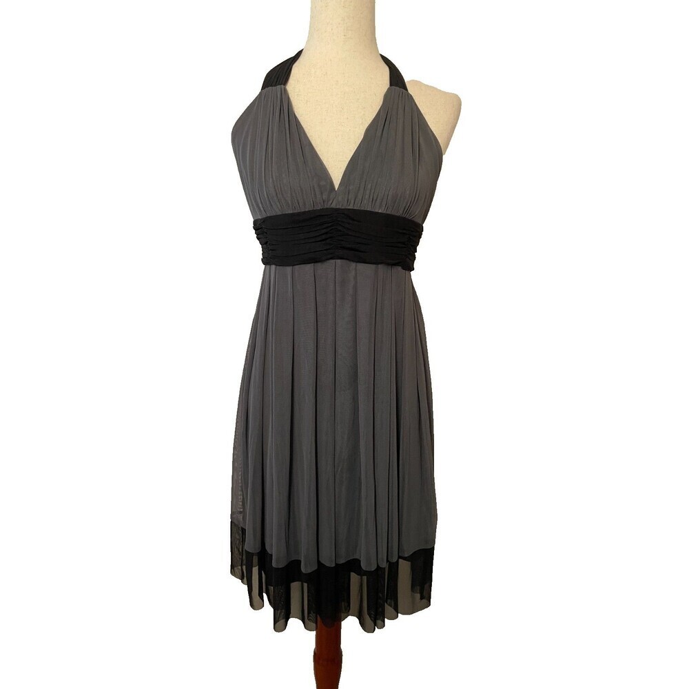 Vintage Y2K London TimesGray Black Halter Cocktail Dress Babydoll 12P Chiffon